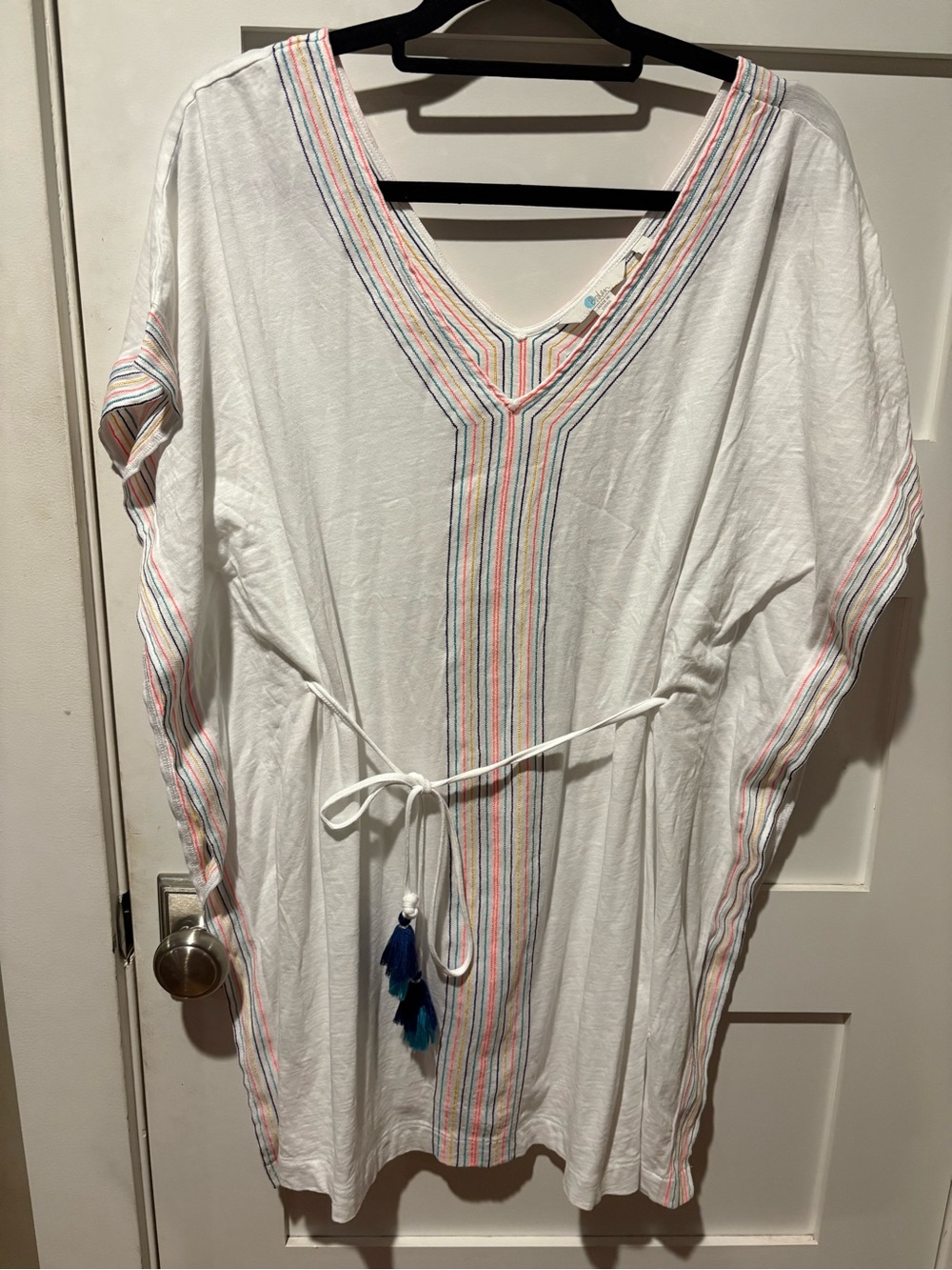 Boden Eloise Kaftan White Cover-Up with Colorful Stripe Trim - Picture 2 of 6